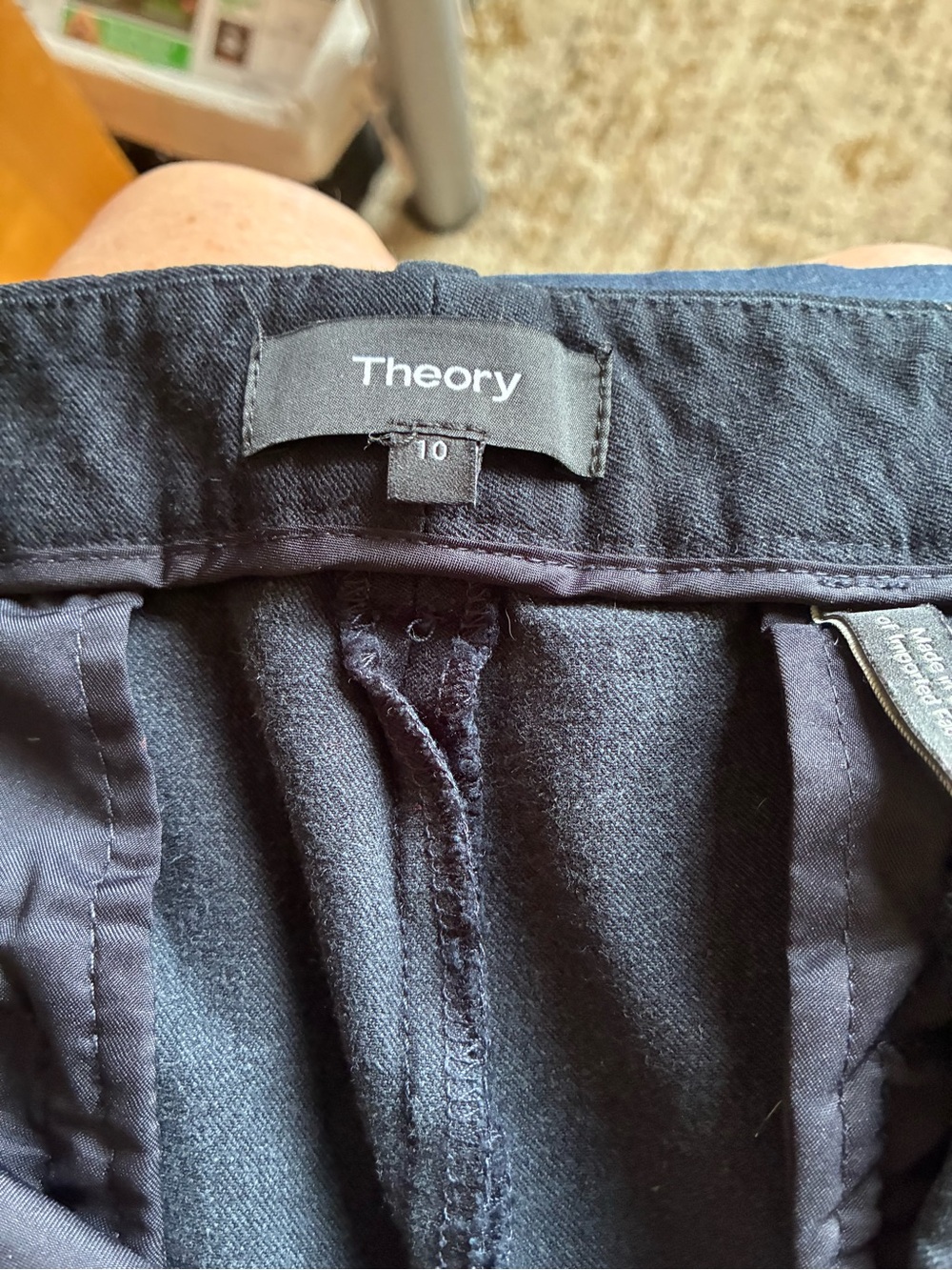Theory Black Trousers with Branded Waistband. Side pockets . 24” inseam